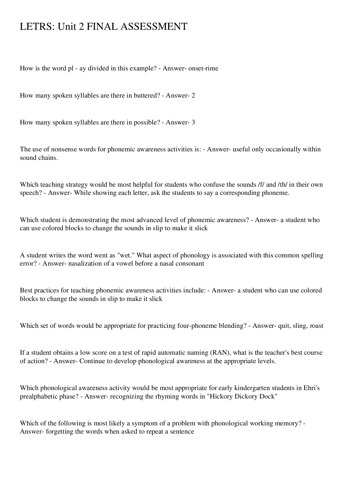 Preview image for LETRS: Unit 2 FINAL ASSESSMENT